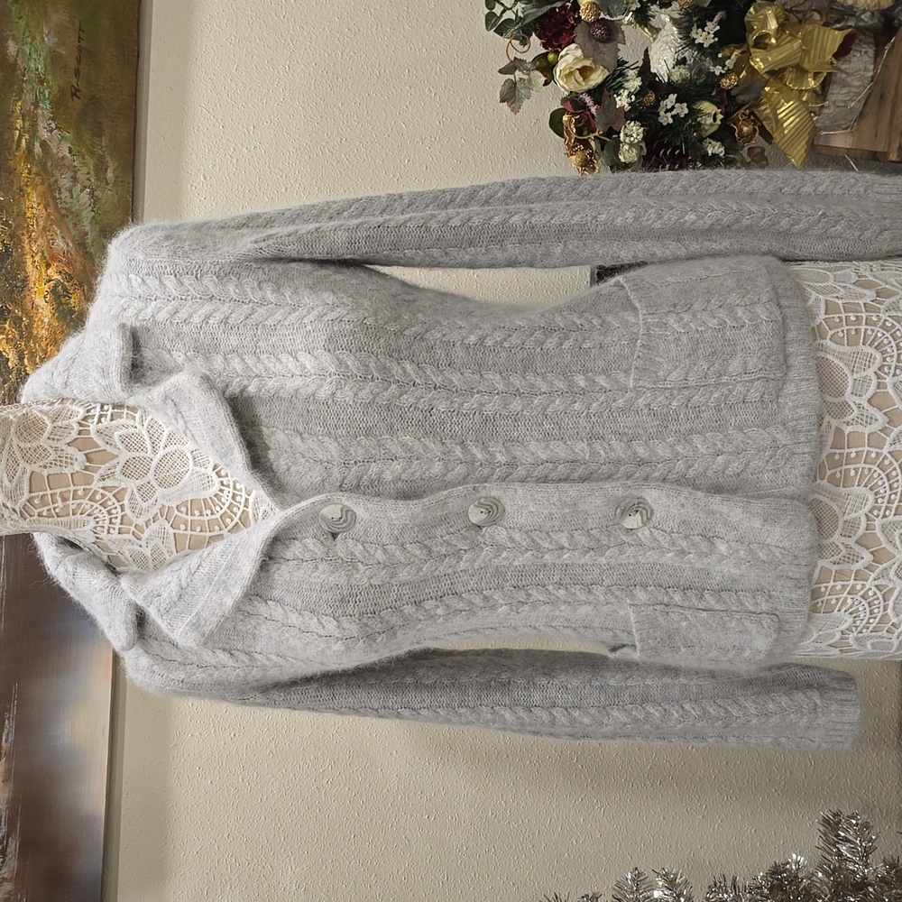 Kenar Light Grey Angora Blend Cable Knit Cardigan Sz S